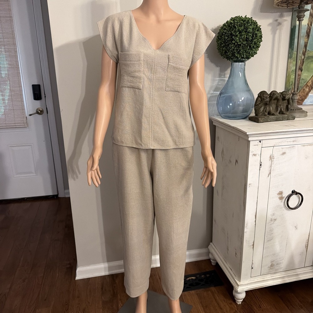 College Town Vintage Linen Blend 2pc Top  & Pants Set V-Neck‎ Minimalist SZ 9/10